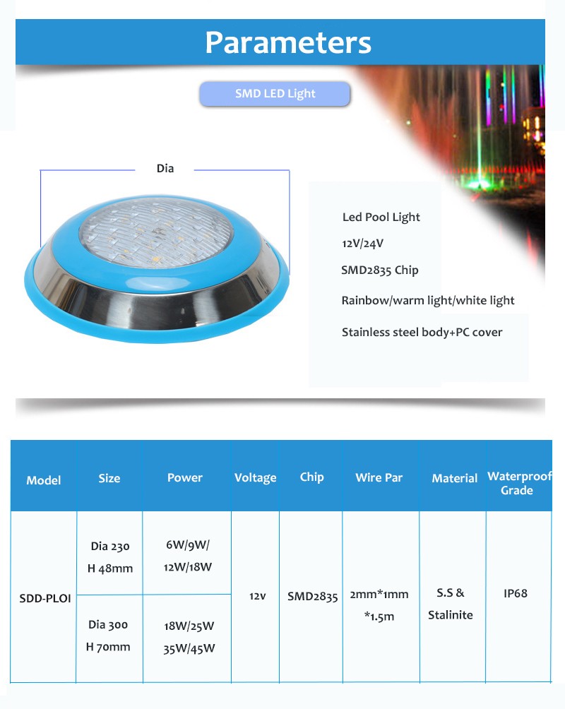 ABS material IP68 waterproof 24w swimming pool lighting decorative RGB led pool lamps